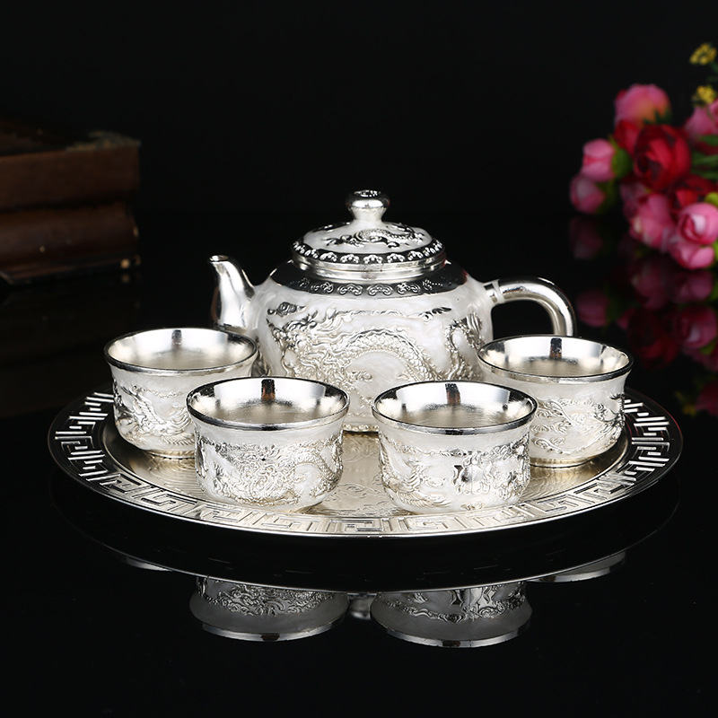 Set Gongfu ceai în stil european, argintiu Dragon și Phoenix, pentru casă și birou, cu cutie cadou