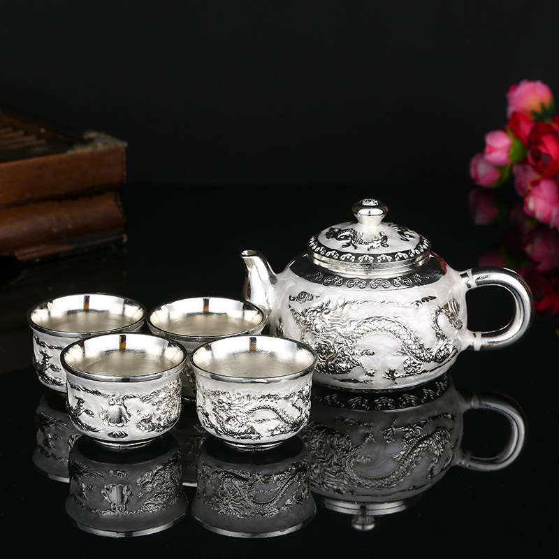 Set Gongfu ceai în stil european, argintiu Dragon și Phoenix, pentru casă și birou, cu cutie cadou