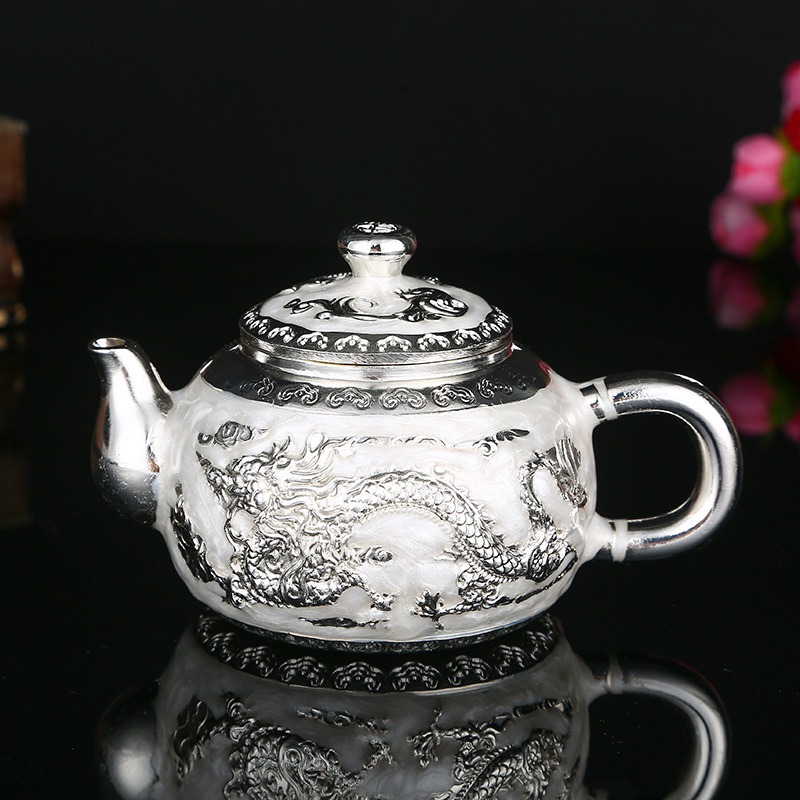 Set Gongfu ceai în stil european, argintiu Dragon și Phoenix, pentru casă și birou, cu cutie cadou