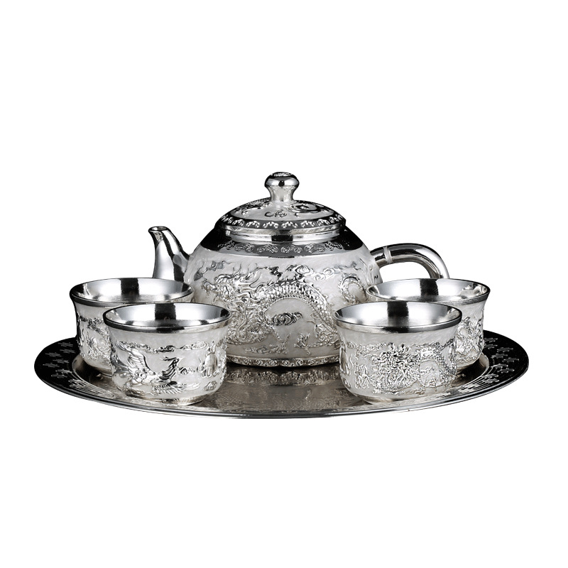 Set Gongfu ceai în stil european, argintiu Dragon și Phoenix, pentru casă și birou, cu cutie cadou
