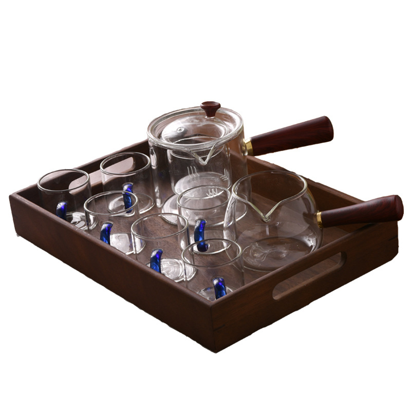 Ceainic din sticlă borosilicată rezistentă la temperaturi, cu filtru și tavă din lemn, set de ceai pentru uz casnic pentru 6 persoane, stil minimalist, personalizabil