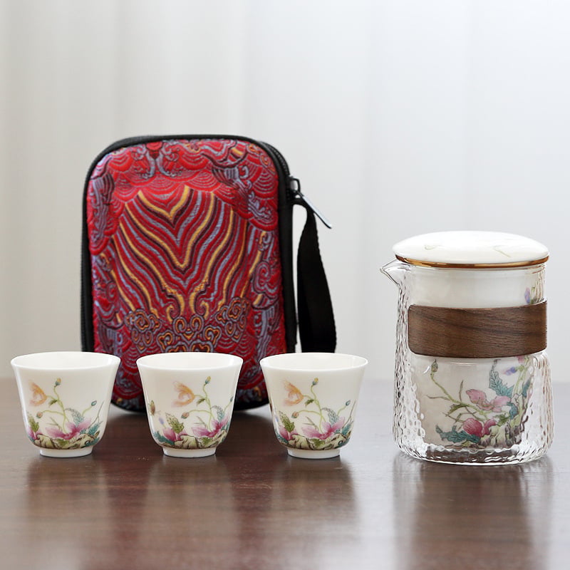 Set de ceai ceramic Dehua pentru călătorii — o ceainică cu filtru și trei cești, stil retro ușor luxos