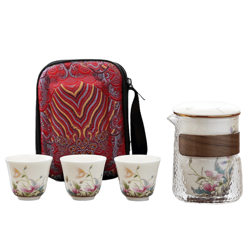 Set de ceai ceramic Dehua pentru călătorii — o ceainică cu filtru și trei cești, stil retro ușor luxos