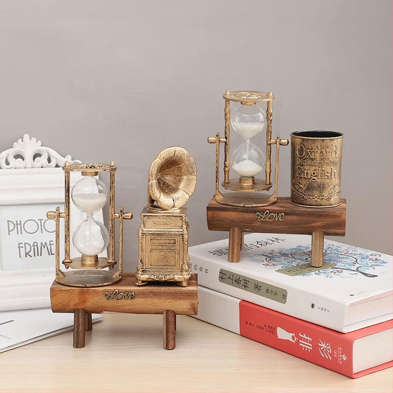 Suport pentru pix în stil european retro, din lemn, cu clepsidră și lampă în formă de stea, ornament decorativ, cadou pentru elevi, finisaj auriu retro