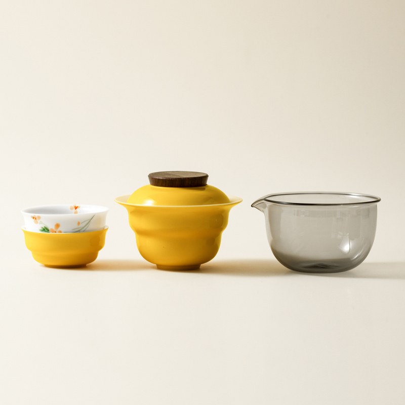 Set Gongfu ceai cu o Gaiwan și două cești, pictură manuală, stil modern, cutie cadou