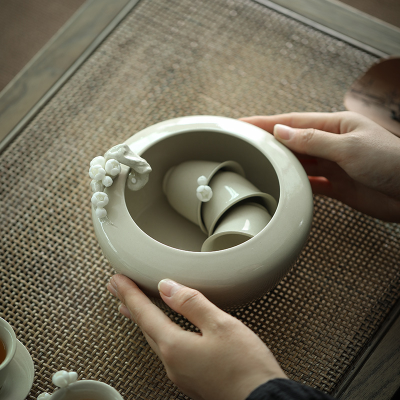 Ceașcă ceramică pentru spălarea ceaiului, cu un mic borcan pentru zațuri de ceai, stil japonez retro