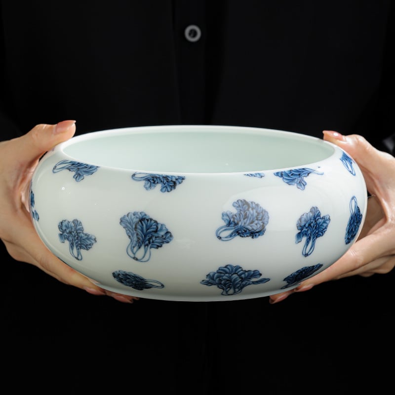 Set din porțelan albastru-alb pentru spălarea ceaiului, cu recipient mare, kit Kung Fu pentru ceremonia ceaiului, vas de apă și găleată pentru resturi de ceai
