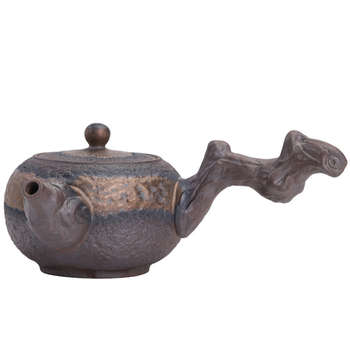 Ceainic din lemn cu mâner lateral, stil chinezesc nou, ceramică rustică, lucrat manual, ceainic Kung Fu din ceramică vintage cu glazură de fier placată cu aur