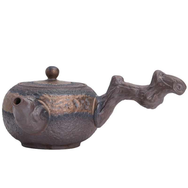 Ceainic din lemn cu mâner lateral, stil chinezesc nou, ceramică rustică, lucrat manual, ceainic Kung Fu din ceramică vintage cu glazură de fier placată cu aur