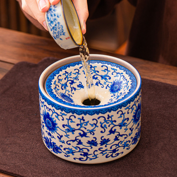 Accesorii ceramice pentru ceai în stil Ru Kiln, model albastru-alb cu lotus și viță, recipient pentru resturi de ceai, ceainic, curățător de căni, accesorii pentru setul de ceai de casă