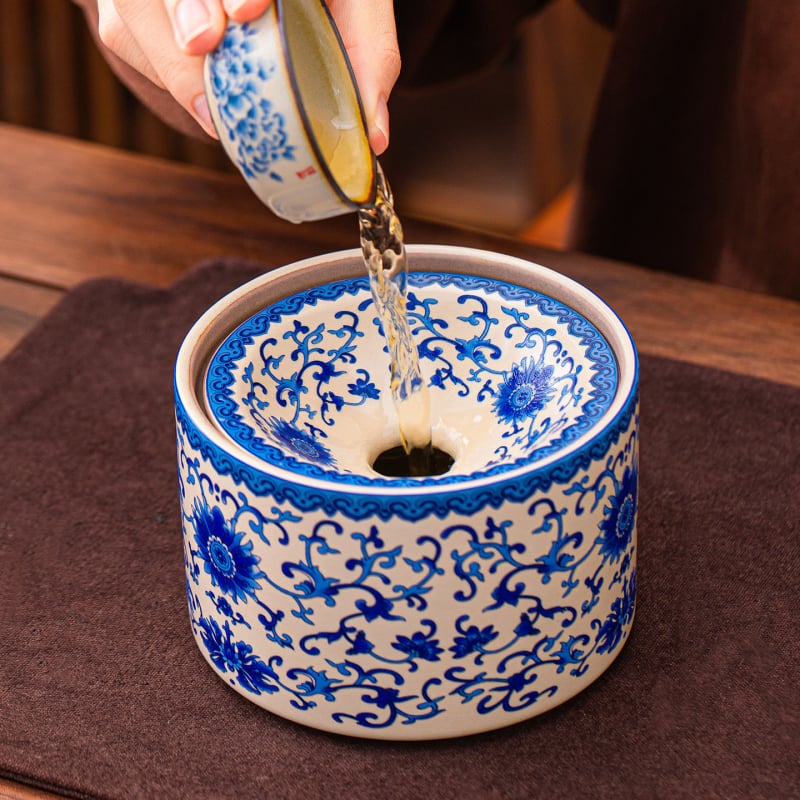 Accesorii ceramice pentru ceai în stil Ru Kiln, model albastru-alb cu lotus și viță, recipient pentru resturi de ceai, ceainic, curățător de căni, accesorii pentru setul de ceai de casă