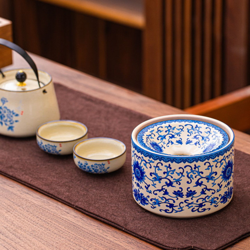 Accesorii ceramice pentru ceai în stil Ru Kiln, model albastru-alb cu lotus și viță, recipient pentru resturi de ceai, ceainic, curățător de căni, accesorii pentru setul de ceai de casă