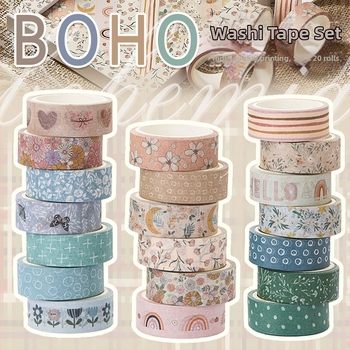 Boho Washi páska - 20 roliek, 15 mm x 5 m, japonský papier na dekoráciu denníka