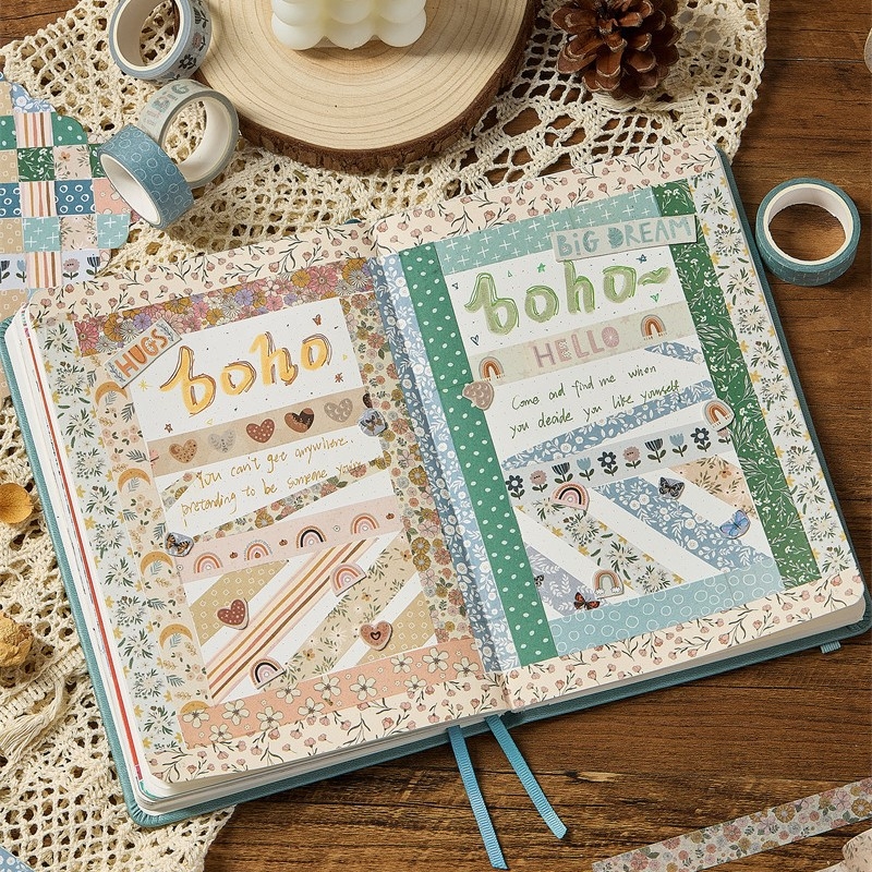 Bandă Washi Boho - 20 roluri, 15 mm x 5 m, hârtie japoneză pentru jurnal decorativ