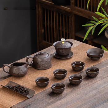 Set Gongfu de ceai din lut purpuriu, cu relief, de înaltă calitate, pentru casă și birou, include ceainic, bol cu capac și cești într-o cutie cadou