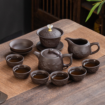 Set Gongfu de ceai din lut purpuriu, cu relief, de înaltă calitate, pentru casă și birou, include ceainic, bol cu capac și cești într-o cutie cadou