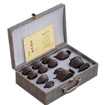 Set Gongfu de ceai din lut purpuriu, cu relief, de înaltă calitate, pentru casă și birou, include ceainic, bol cu capac și cești într-o cutie cadou