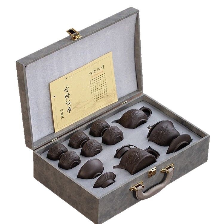 Set Gongfu de ceai din lut purpuriu, cu relief, de înaltă calitate, pentru casă și birou, include ceainic, bol cu capac și cești într-o cutie cadou