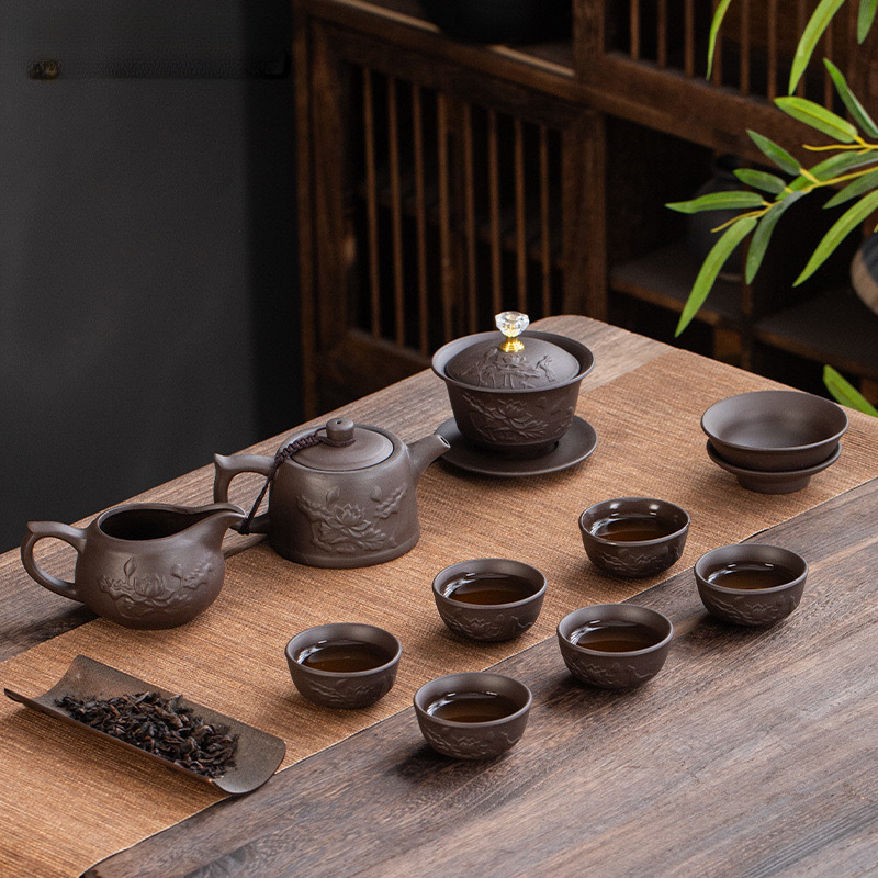 Set Gongfu de ceai din lut purpuriu, cu relief, de înaltă calitate, pentru casă și birou, include ceainic, bol cu capac și cești într-o cutie cadou