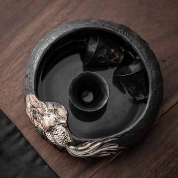 Vas ceramic pentru spălarea ceaiului la ceremonia Gongfu, recipient mare de apă cu compartiment pentru zațuri de ceai, cană de spălare a ceaiului