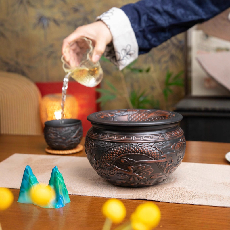 Recipient din ceramică mov pentru reziduuri de ceai cu capac, accesorii pentru ceremonia de ceai în stil retro, recipient mare pentru ape uzate