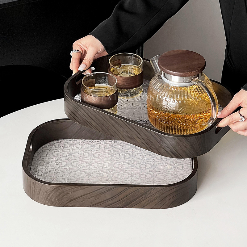 Tavă retro cu aspect de lemn pentru ceai și cafea, cu loc pentru cești și pahare, platou de servire gustări și fructe pentru uz casnic