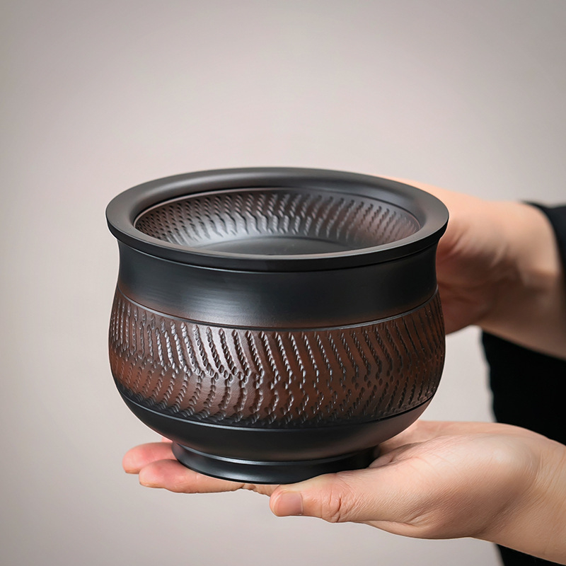 Recipient ceramic mov, stil retro, cu separator pentru resturi de ceai și apă reziduală