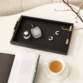 Tavă neagră cu accente aurii și piele, pentru depozitarea bijuteriilor, aromaterapie și intrare, tavă din lemn pentru cafea/ceai, cu mâner metalic