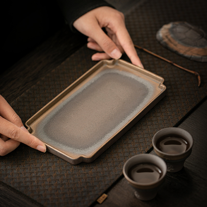 Tavă de ceai din ceramică brută, cu placare aurie vintage, în stil chinezesc, lungă și dreptunghiulară, pentru uz casnic