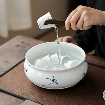 Set ceramic de ceai cu glazură sub-glazură, motiv Phalaenopsis, recipient pentru resturi de ceai și vas de clătire a ceaiului
