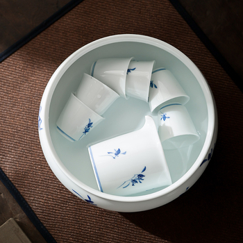 Set ceramic de ceai cu glazură sub-glazură, motiv Phalaenopsis, recipient pentru resturi de ceai și vas de clătire a ceaiului