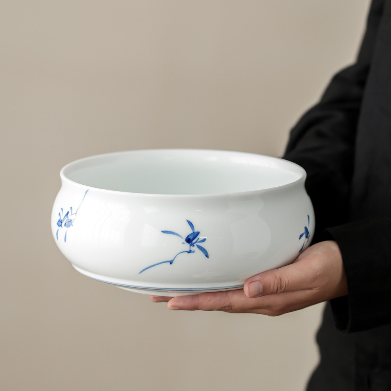 Set ceramic de ceai cu glazură sub-glazură, motiv Phalaenopsis, recipient pentru resturi de ceai și vas de clătire a ceaiului
