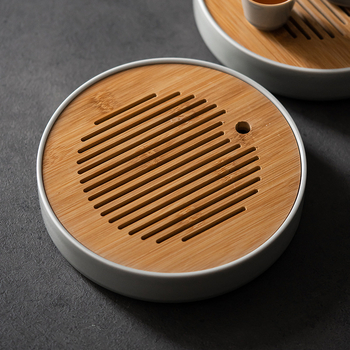 Tăviță ceramică rotundă pentru ceai uscat, design modern minimalist, culoare gri gheață
