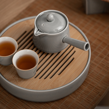 Tăviță ceramică rotundă pentru ceai uscat, design modern minimalist, culoare gri gheață