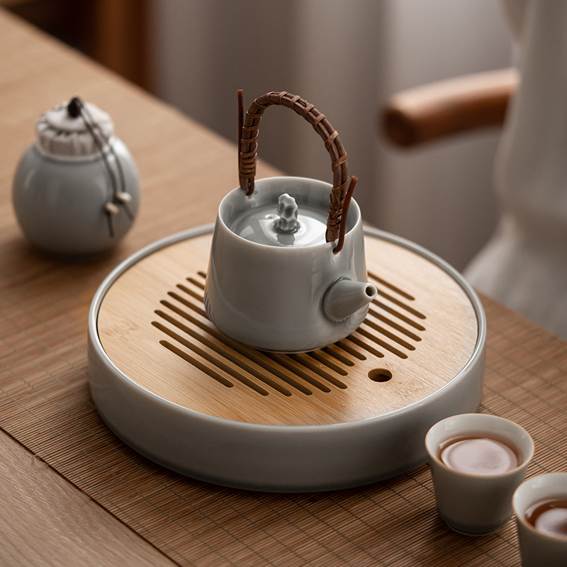 Tăviță ceramică rotundă pentru ceai uscat, design modern minimalist, culoare gri gheață