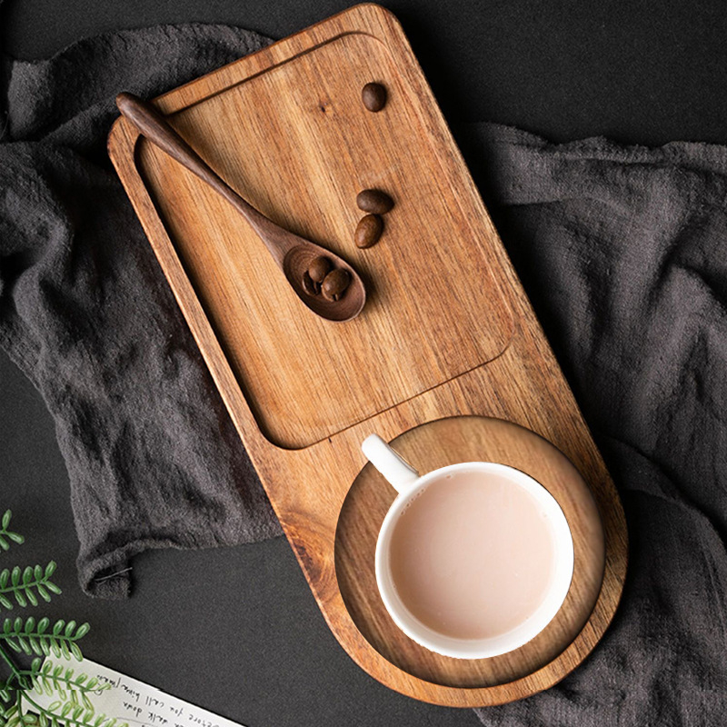 Tăviță din lemn de acacia pentru ceai, stil japonez, tavă pentru mic dejun și ceai după-amiază, pentru cești de cafea și gustări