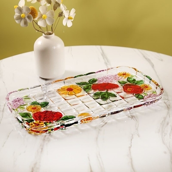 Tavă dreptunghiulară pentru ceai din sticlă, pictură manuală în sticlă colorată