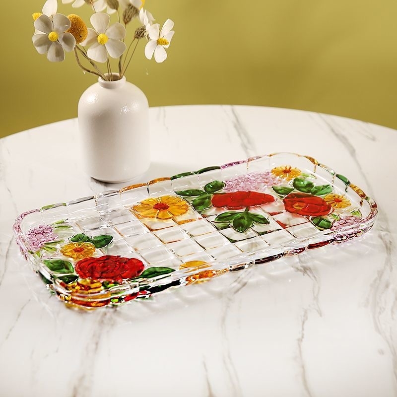 Tavă dreptunghiulară pentru ceai din sticlă, pictură manuală în sticlă colorată