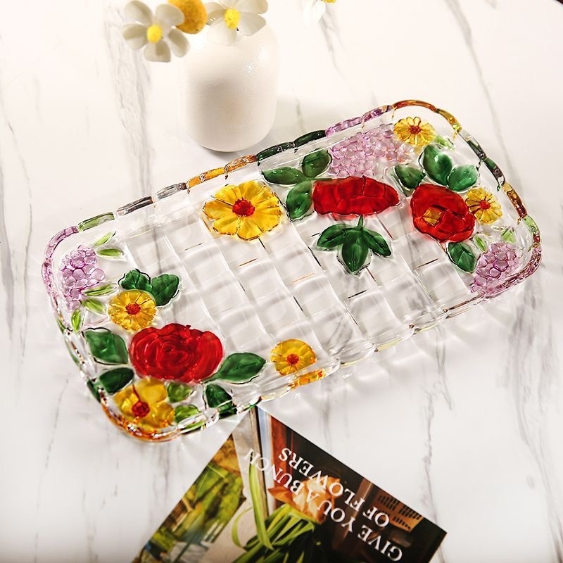 Tavă dreptunghiulară pentru ceai din sticlă, pictură manuală în sticlă colorată