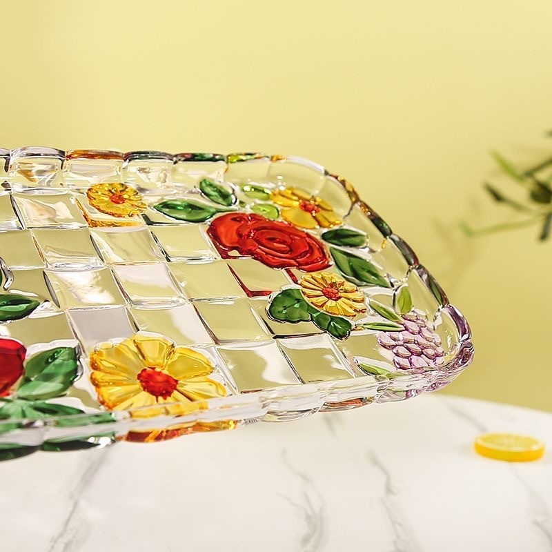 Tavă dreptunghiulară pentru ceai din sticlă, pictură manuală în sticlă colorată