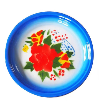 Farfurie de servire emailată, rotundă, 24 cm, model floral, stil național, compatibilă cu microunde, pentru uz casnic, nunți și restaurante