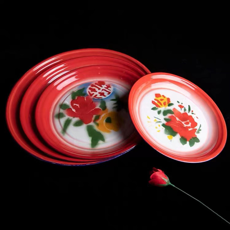 Farfurie de servire emailată, rotundă, 24 cm, model floral, stil național, compatibilă cu microunde, pentru uz casnic, nunți și restaurante