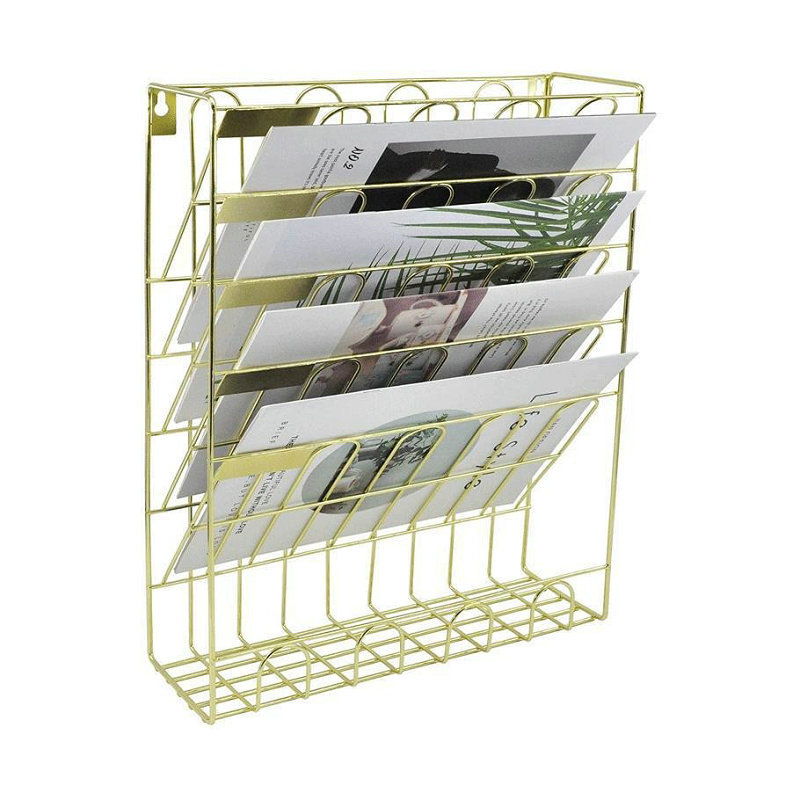 Raft de fișiere din plasă metalică, montat pe perete, 6 etaje pentru ziare și reviste, 34×10×40 cm