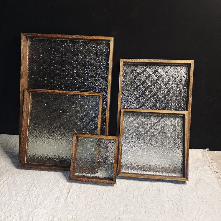 Platou dreptunghiular din lemn pentru ceai, design vintage cu floare de begonie, suprafață de sticlă pentru uscare, depozitare acasă pentru cești de ceai