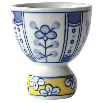 Ceainic goblet pictat manual, albastru-alb, cu bază înaltă, formă de dovleac, porțelan, motív norocos, stil japonez