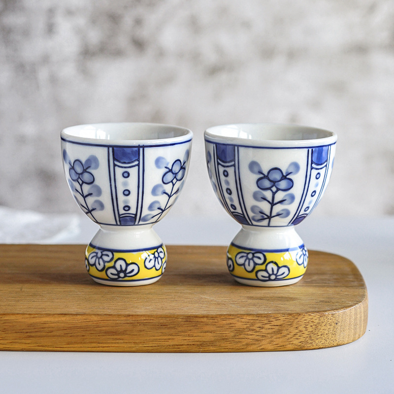 Ceainic goblet pictat manual, albastru-alb, cu bază înaltă, formă de dovleac, porțelan, motív norocos, stil japonez