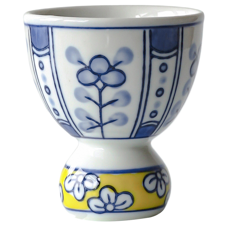 Ceainic goblet pictat manual, albastru-alb, cu bază înaltă, formă de dovleac, porțelan, motív norocos, stil japonez
