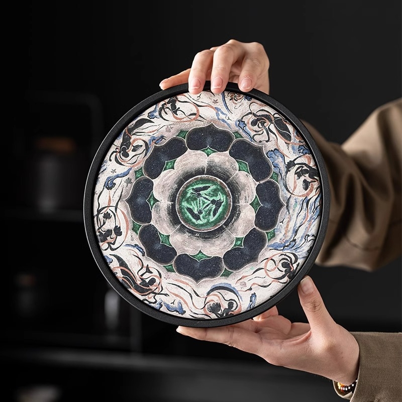 Set de ceai inspirat din frescele Dunhuang cu trei iepuri cu urechi și lotus, tavă ceramică pentru ceai și suport absorbant pentru apă pentru ceainic
