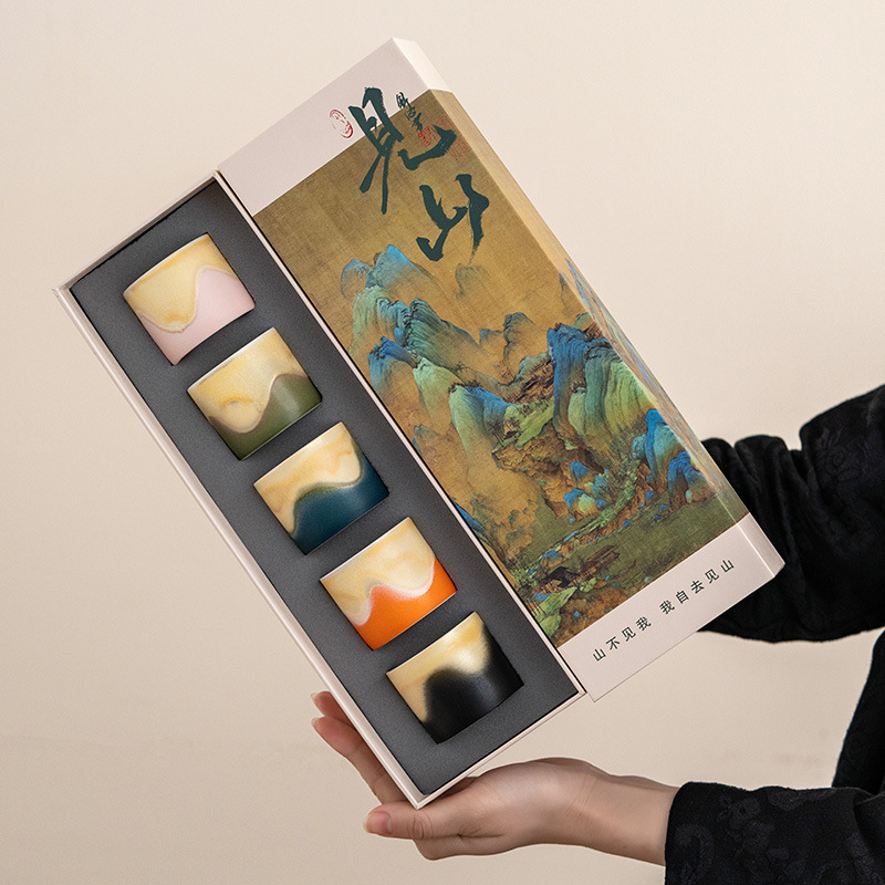 Set de cești de ceai din porțelan cu peisaj, hand-made, stil japonez, înaltă calitate, includând cești de sake