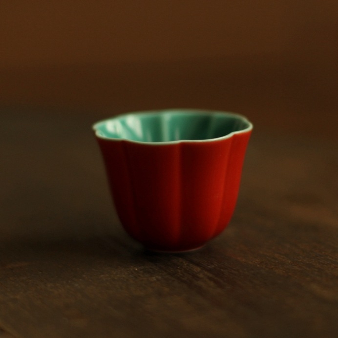 ceașcă mică de ceai din ceramică, cu petale roșii, stil Gongfu chinezesc, vintage